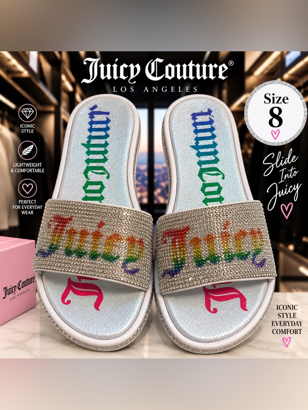 Juicy Couture Multi Color Rhinestone Sandals Sz 8